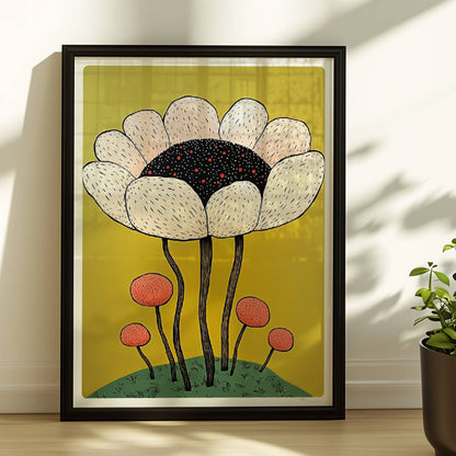 Eine große cremefarbene Blüte mit schwarzem Zentrum und roten Akzenten wächst über kleineren runden Blüten auf einem grünen Hügel vor einem kräftig gelben Hintergrund – verspielte Blumenillustration.. Rahmen schwarz 30x40
