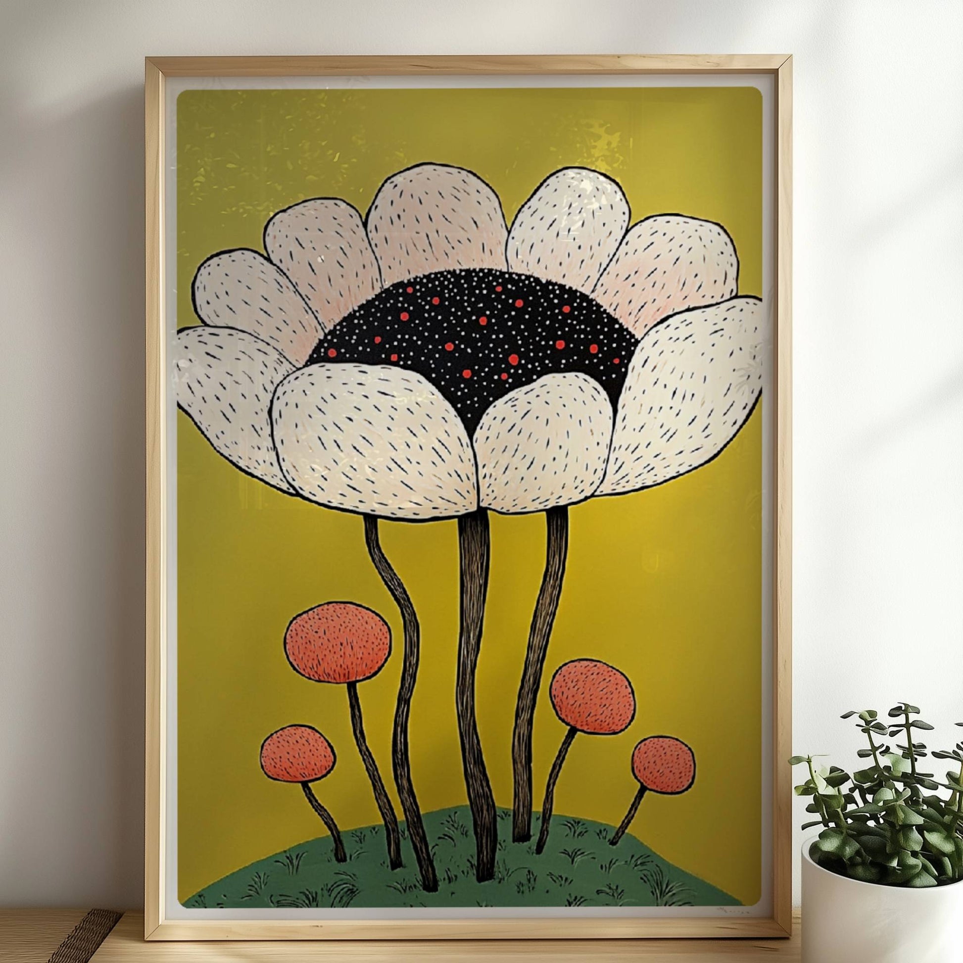 Eine große cremefarbene Blüte mit schwarzem Zentrum und roten Akzenten wächst über kleineren runden Blüten auf einem grünen Hügel vor einem kräftig gelben Hintergrund – verspielte Blumenillustration.. Rahmen natur 50x70