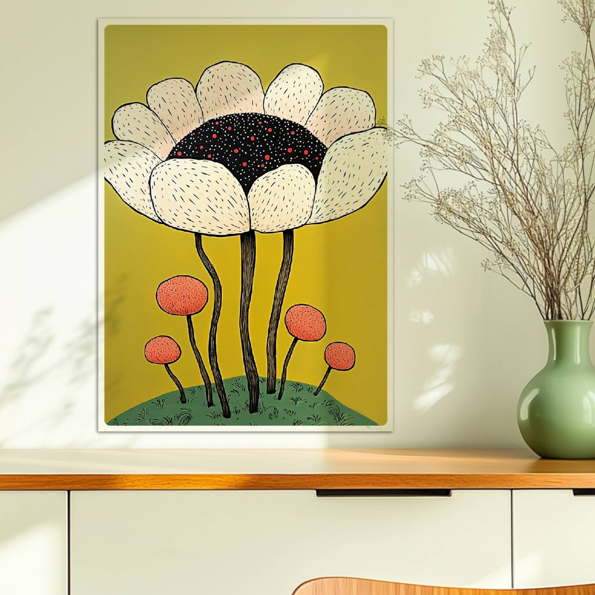 Eine große cremefarbene Blüte mit schwarzem Zentrum und roten Akzenten wächst über kleineren runden Blüten auf einem grünen Hügel vor einem kräftig gelben Hintergrund – verspielte Blumenillustration.. Ohne Rahmen 50x70