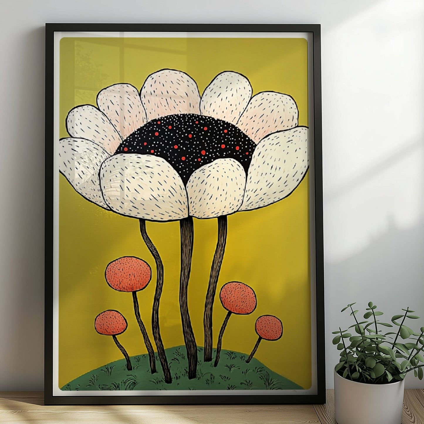 Eine große cremefarbene Blüte mit schwarzem Zentrum und roten Akzenten wächst über kleineren runden Blüten auf einem grünen Hügel vor einem kräftig gelben Hintergrund – verspielte Blumenillustration.. Rahmen schwarz 50x70