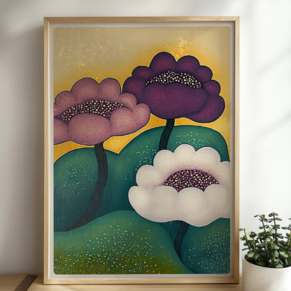 Drei farbenfrohe Blüten in Lila, Violett und Weiß mit gepunkteten Zentren wachsen aus grünen Hügeln vor einem sonnig-gelben Hintergrund – dekorative Gartenkunst im modernen Stil.. Rahmen natur 50x70