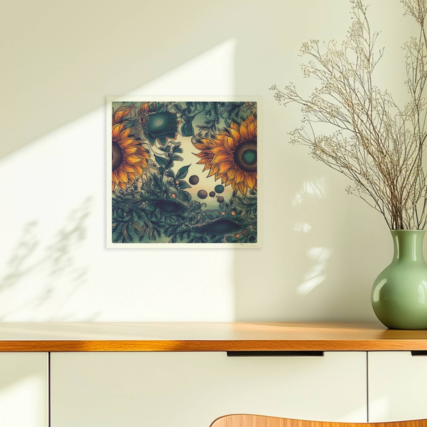 Detailreiche Illustration von zwei leuchtend gelben Sonnenblumen mit grünen Blättern und filigranen Ornamenten auf einem sanft verlaufenden Hintergrund – kunstvolle botanische Wandkunst im quadratischen Format.. Ohne Rahmen 30x30
