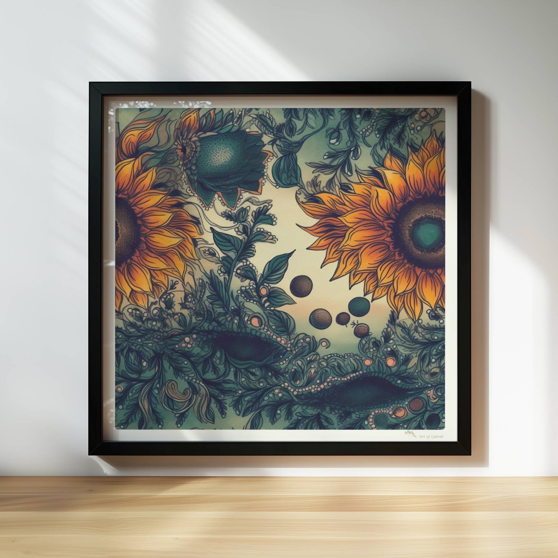 Detailreiche Illustration von zwei leuchtend gelben Sonnenblumen mit grünen Blättern und filigranen Ornamenten auf einem sanft verlaufenden Hintergrund – kunstvolle botanische Wandkunst im quadratischen Format.. Rahmen schwarz 30x30