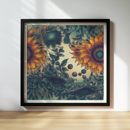 Detailreiche Illustration von zwei leuchtend gelben Sonnenblumen mit grünen Blättern und filigranen Ornamenten auf einem sanft verlaufenden Hintergrund – kunstvolle botanische Wandkunst im quadratischen Format.. Rahmen schwarz 30x30