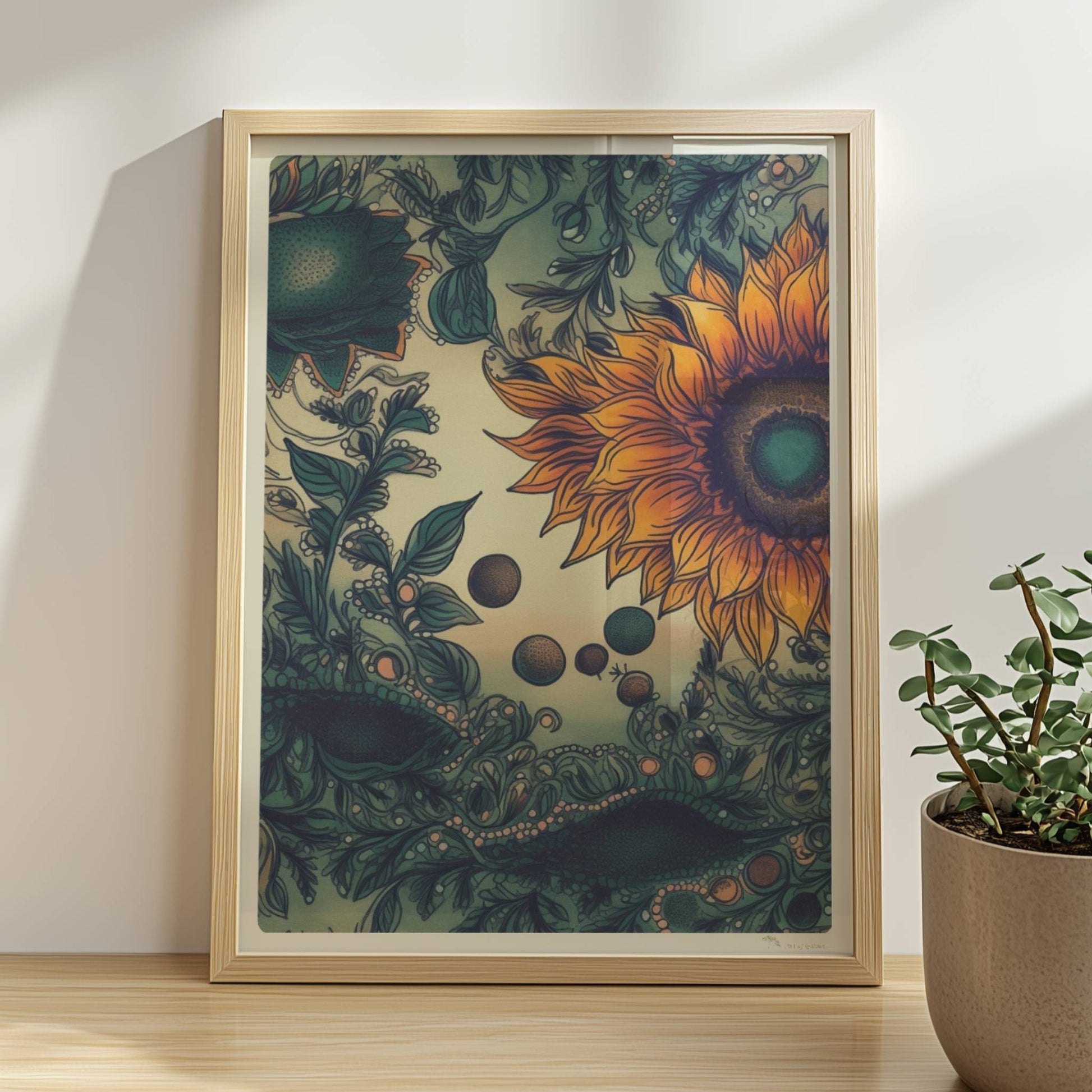 Detailreiche Illustration von zwei leuchtend gelben Sonnenblumen mit grünen Blättern und filigranen Ornamenten auf einem sanft verlaufenden Hintergrund – kunstvolle botanische Wandkunst im quadratischen Format.. Rahmen natur 30x40