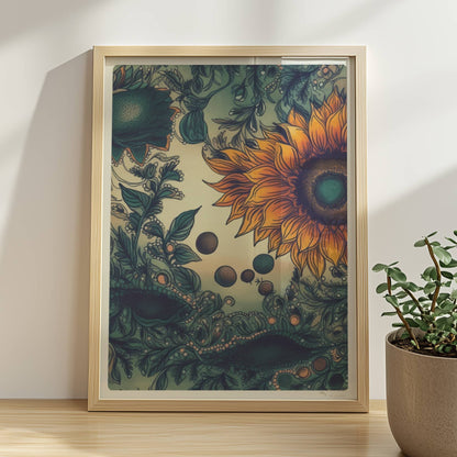 Detailreiche Illustration von zwei leuchtend gelben Sonnenblumen mit grünen Blättern und filigranen Ornamenten auf einem sanft verlaufenden Hintergrund – kunstvolle botanische Wandkunst im quadratischen Format.. Rahmen natur 30x40