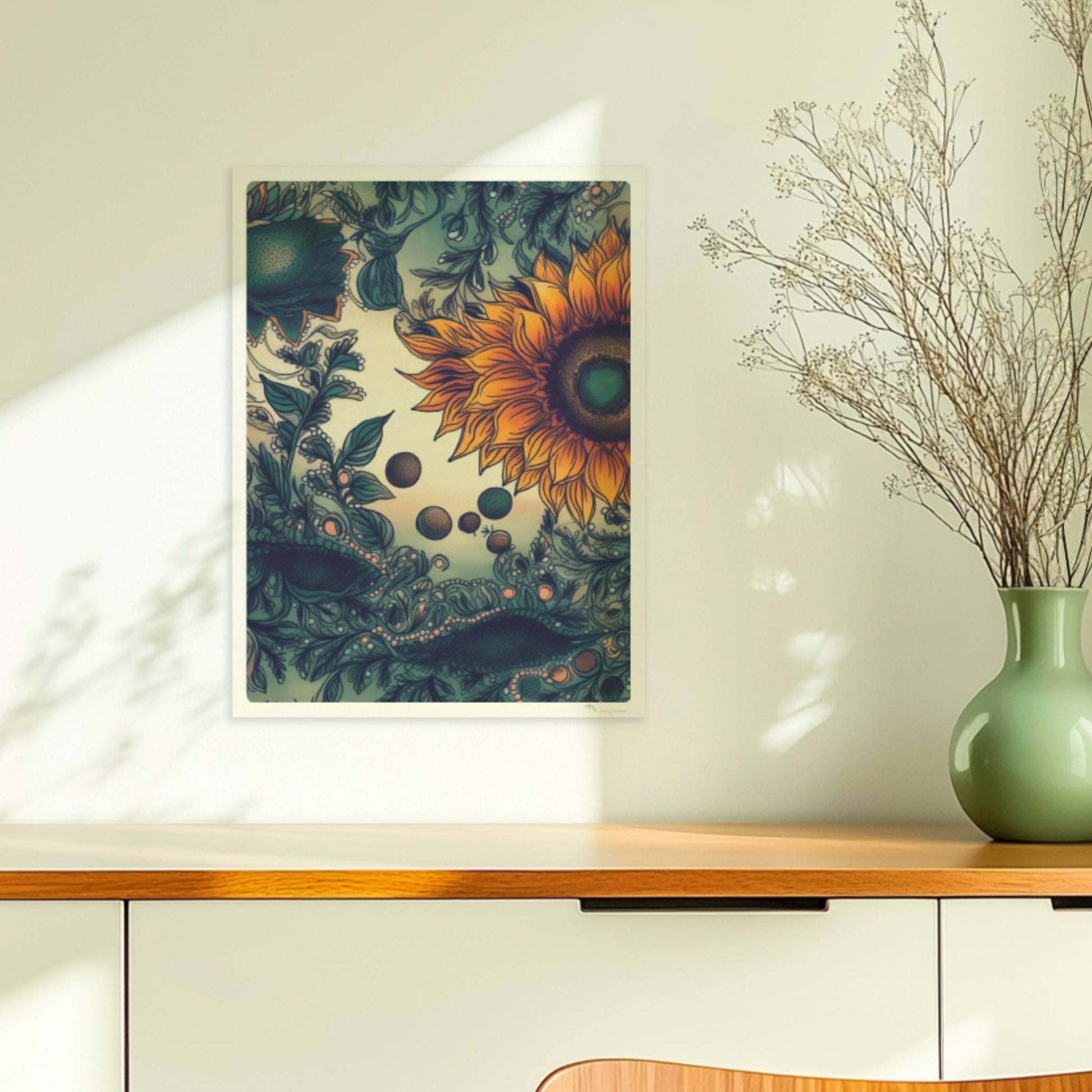 Detailreiche Illustration von zwei leuchtend gelben Sonnenblumen mit grünen Blättern und filigranen Ornamenten auf einem sanft verlaufenden Hintergrund – kunstvolle botanische Wandkunst im quadratischen Format.. Ohne Rahmen 30x40