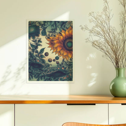 Detailreiche Illustration von zwei leuchtend gelben Sonnenblumen mit grünen Blättern und filigranen Ornamenten auf einem sanft verlaufenden Hintergrund – kunstvolle botanische Wandkunst im quadratischen Format.. Ohne Rahmen 30x40