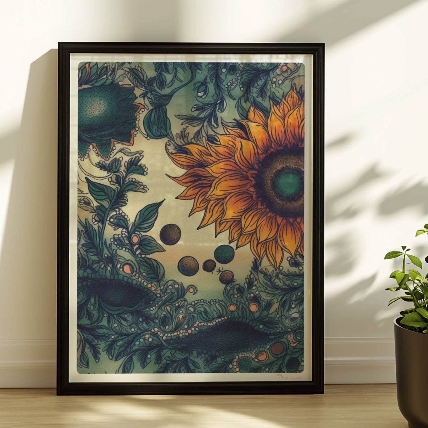 Detailreiche Illustration von zwei leuchtend gelben Sonnenblumen mit grünen Blättern und filigranen Ornamenten auf einem sanft verlaufenden Hintergrund – kunstvolle botanische Wandkunst im quadratischen Format.. Rahmen schwarz 30x40