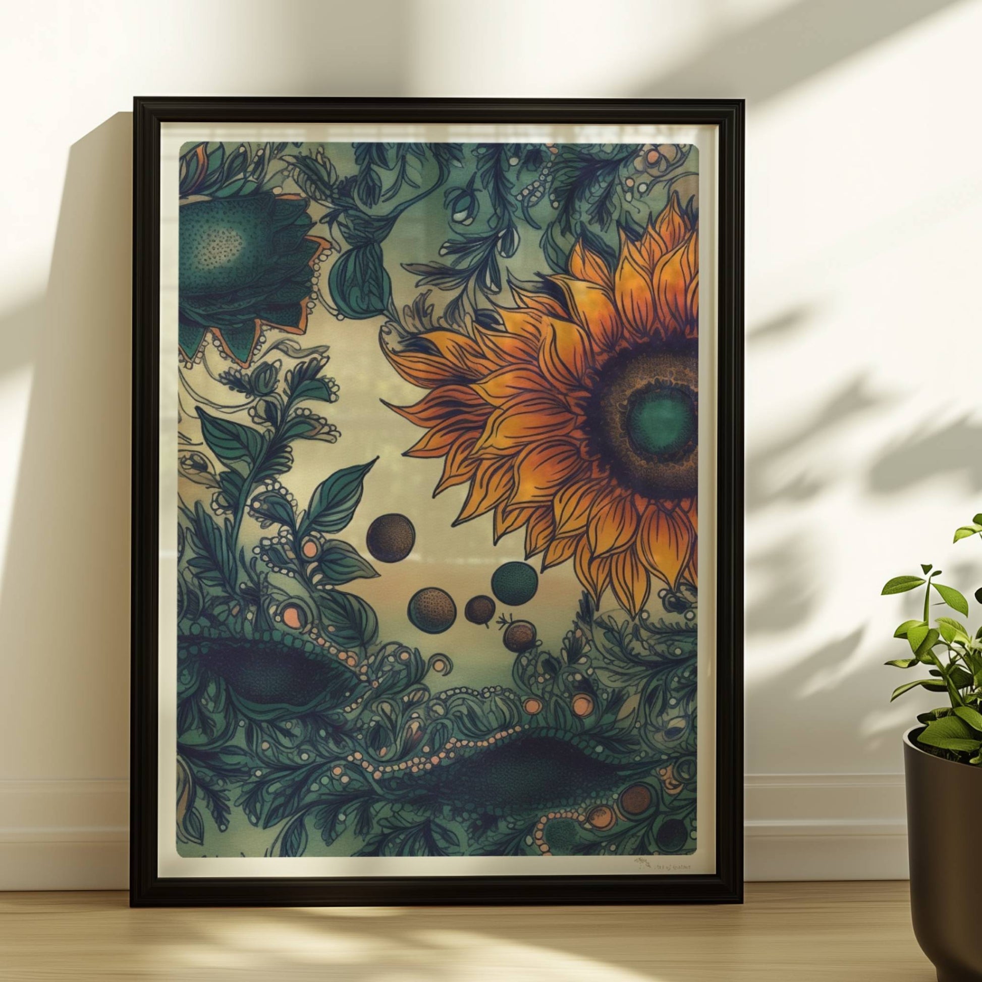 Detailreiche Illustration von zwei leuchtend gelben Sonnenblumen mit grünen Blättern und filigranen Ornamenten auf einem sanft verlaufenden Hintergrund – kunstvolle botanische Wandkunst im quadratischen Format.. Rahmen schwarz 30x40