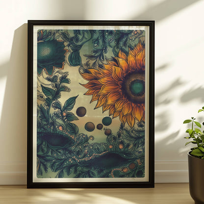 Detailreiche Illustration von zwei leuchtend gelben Sonnenblumen mit grünen Blättern und filigranen Ornamenten auf einem sanft verlaufenden Hintergrund – kunstvolle botanische Wandkunst im quadratischen Format.. Rahmen schwarz 30x40