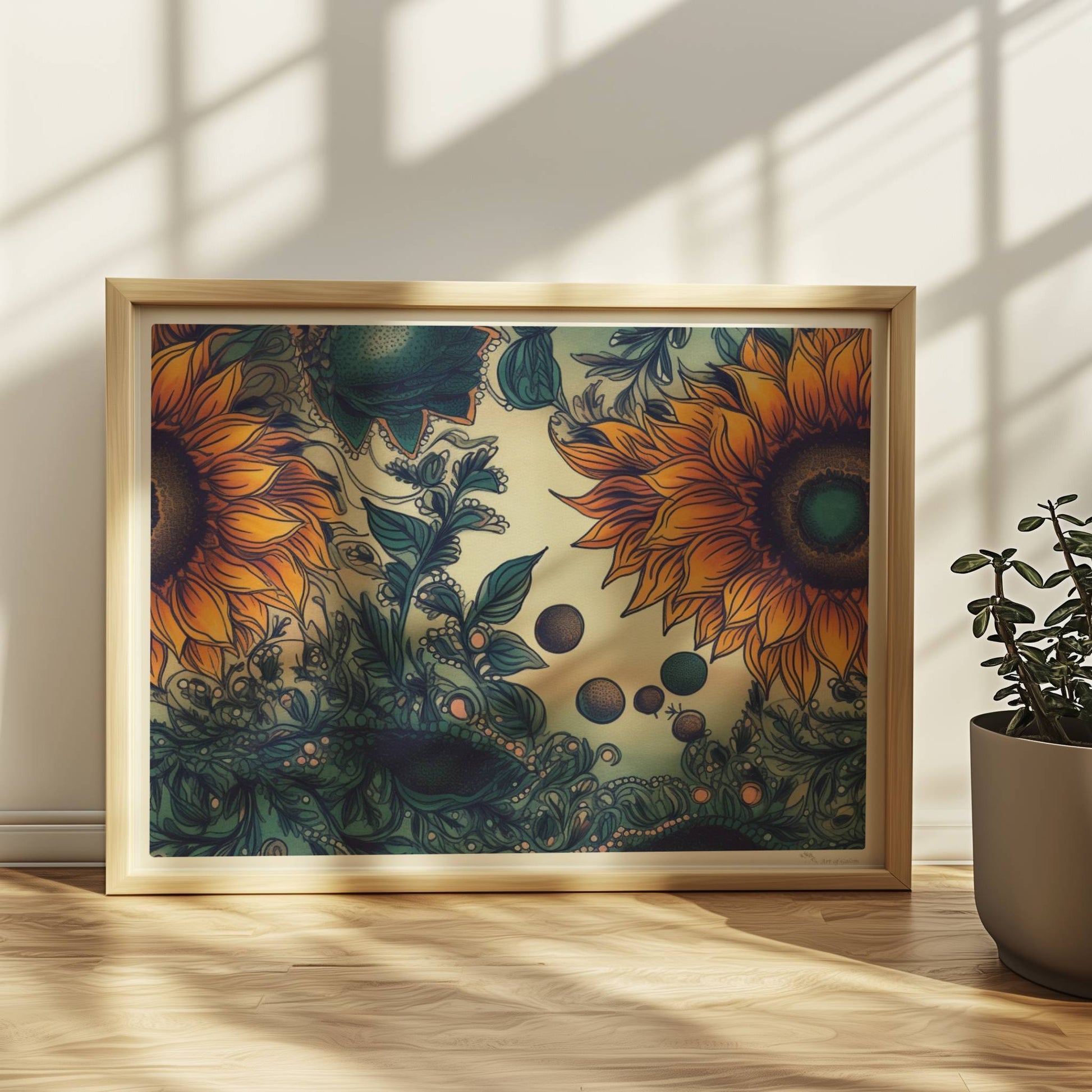 Detailreiche Illustration von zwei leuchtend gelben Sonnenblumen mit grünen Blättern und filigranen Ornamenten auf einem sanft verlaufenden Hintergrund – kunstvolle botanische Wandkunst im quadratischen Format.. Rahmen natur 40x30