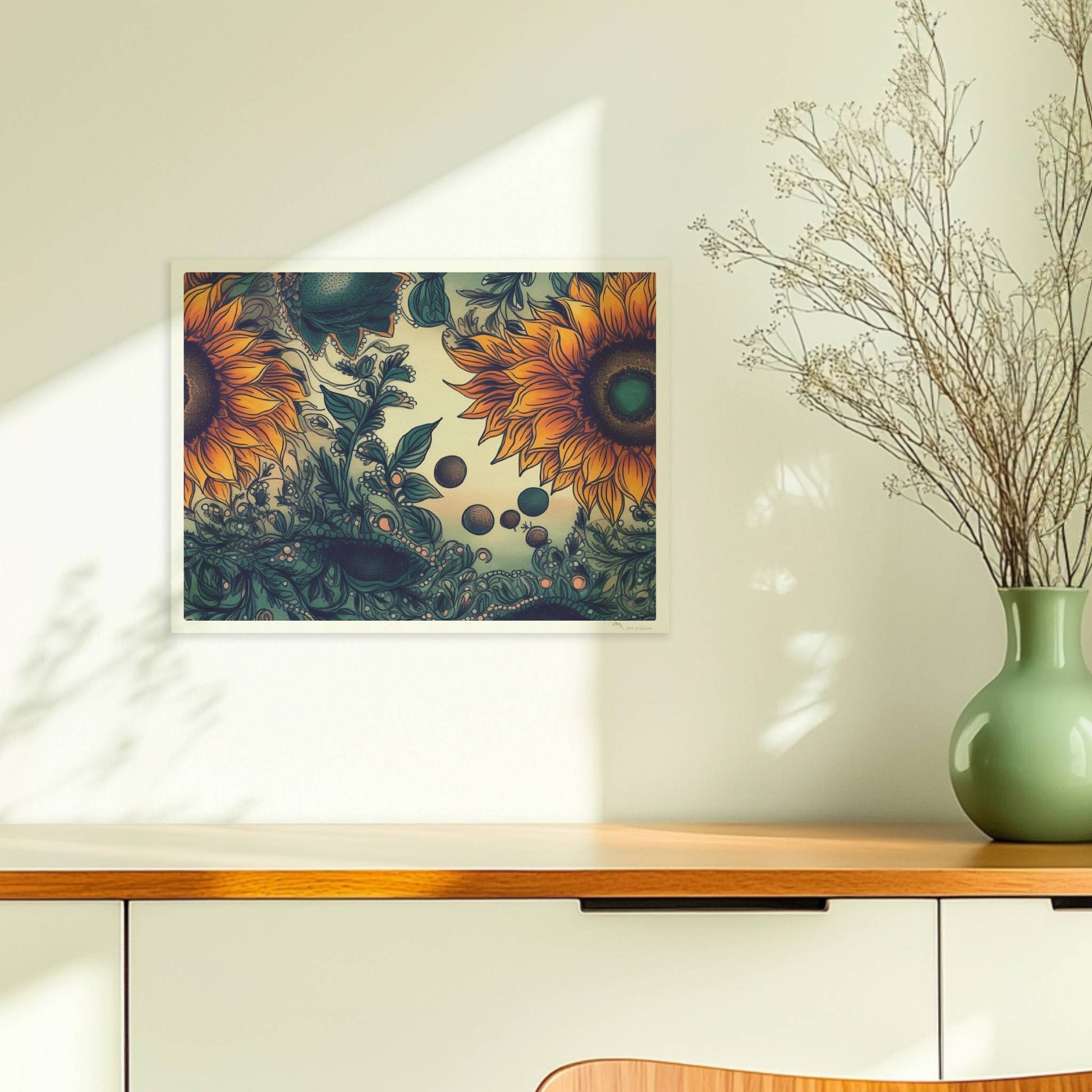 Detailreiche Illustration von zwei leuchtend gelben Sonnenblumen mit grünen Blättern und filigranen Ornamenten auf einem sanft verlaufenden Hintergrund – kunstvolle botanische Wandkunst im quadratischen Format.. Ohne Rahmen 40x30
