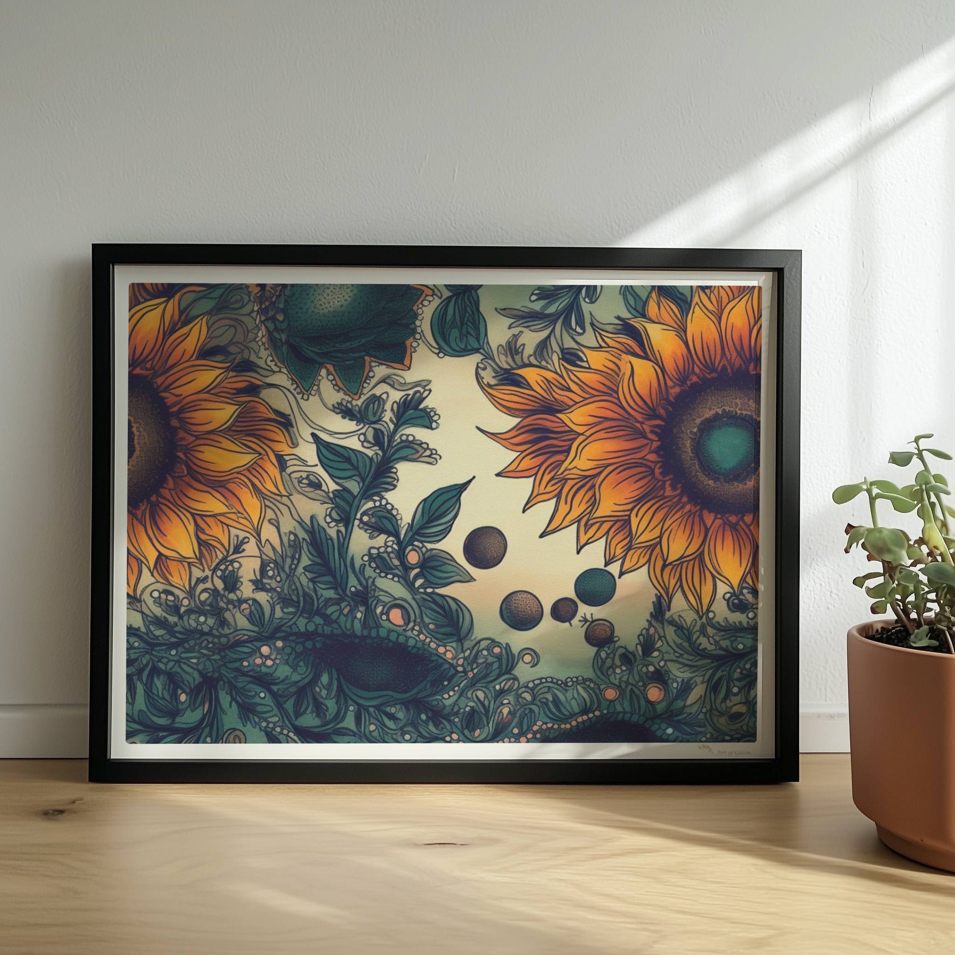 Detailreiche Illustration von zwei leuchtend gelben Sonnenblumen mit grünen Blättern und filigranen Ornamenten auf einem sanft verlaufenden Hintergrund – kunstvolle botanische Wandkunst im quadratischen Format.. Rahmen schwarz 40x30