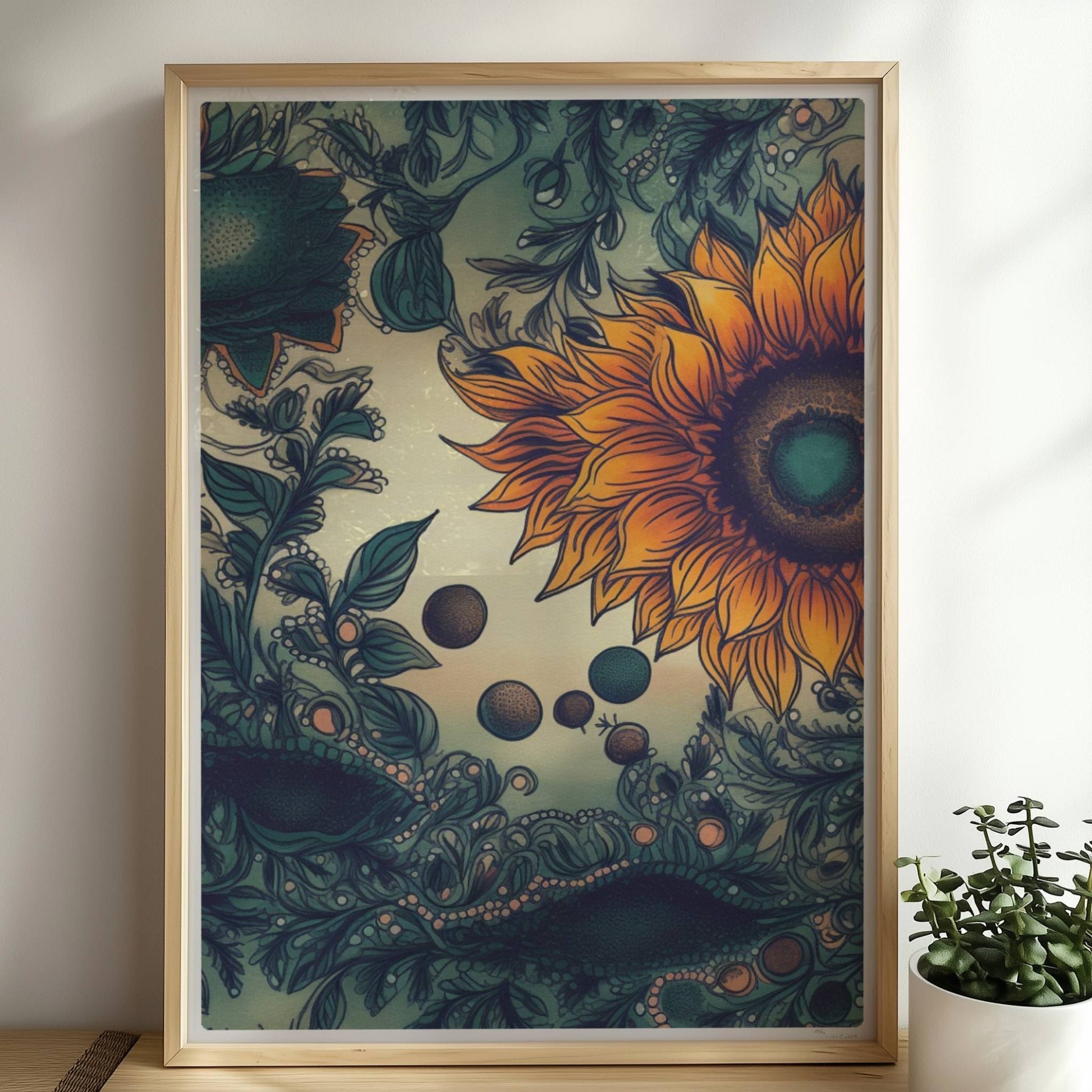 Detailreiche Illustration von zwei leuchtend gelben Sonnenblumen mit grünen Blättern und filigranen Ornamenten auf einem sanft verlaufenden Hintergrund – kunstvolle botanische Wandkunst im quadratischen Format.. Rahmen natur 50x70