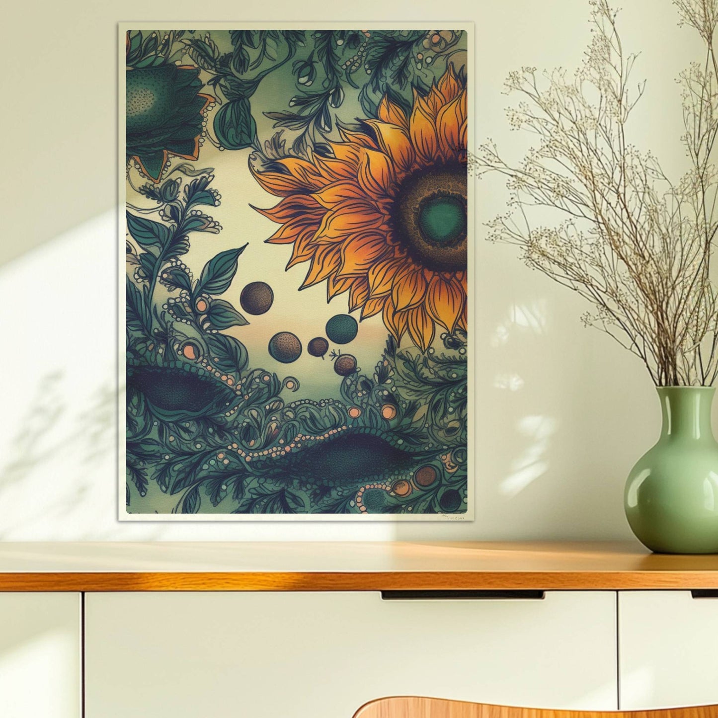 Detailreiche Illustration von zwei leuchtend gelben Sonnenblumen mit grünen Blättern und filigranen Ornamenten auf einem sanft verlaufenden Hintergrund – kunstvolle botanische Wandkunst im quadratischen Format.. Ohne Rahmen 50x70