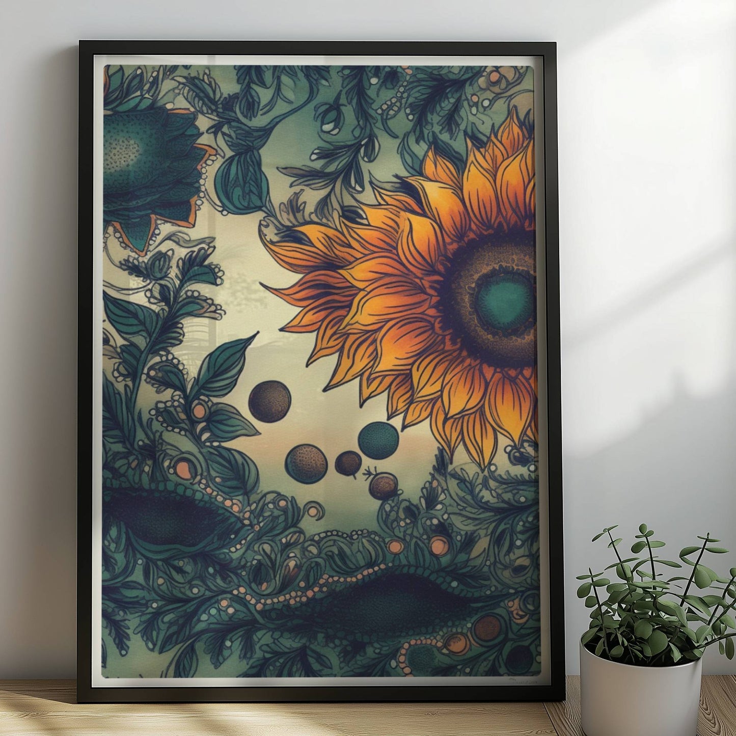 Detailreiche Illustration von zwei leuchtend gelben Sonnenblumen mit grünen Blättern und filigranen Ornamenten auf einem sanft verlaufenden Hintergrund – kunstvolle botanische Wandkunst im quadratischen Format.. Rahmen schwarz 50x70