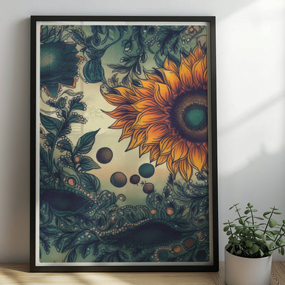 Detailreiche Illustration von zwei leuchtend gelben Sonnenblumen mit grünen Blättern und filigranen Ornamenten auf einem sanft verlaufenden Hintergrund – kunstvolle botanische Wandkunst im quadratischen Format.. Rahmen schwarz 50x70