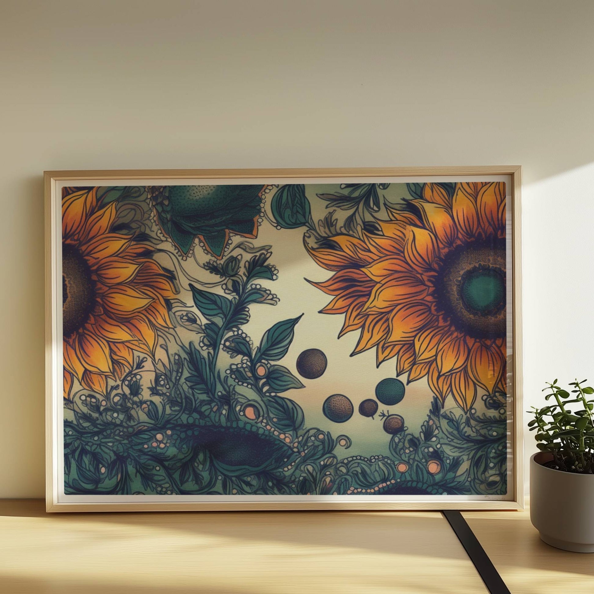 Detailreiche Illustration von zwei leuchtend gelben Sonnenblumen mit grünen Blättern und filigranen Ornamenten auf einem sanft verlaufenden Hintergrund – kunstvolle botanische Wandkunst im quadratischen Format.. Rahmen natur 70x50