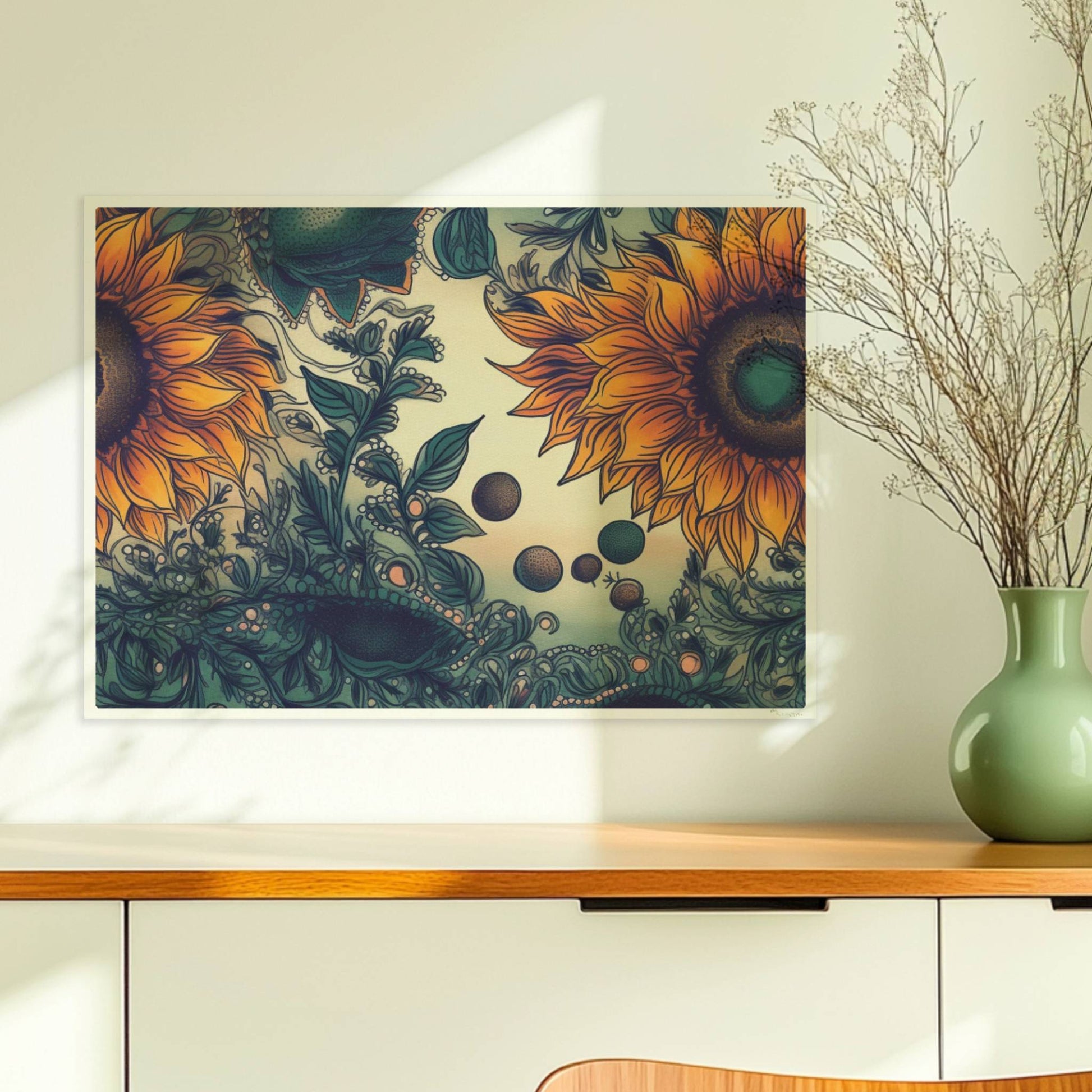 Detailreiche Illustration von zwei leuchtend gelben Sonnenblumen mit grünen Blättern und filigranen Ornamenten auf einem sanft verlaufenden Hintergrund – kunstvolle botanische Wandkunst im quadratischen Format.. Ohne Rahmen 70x50