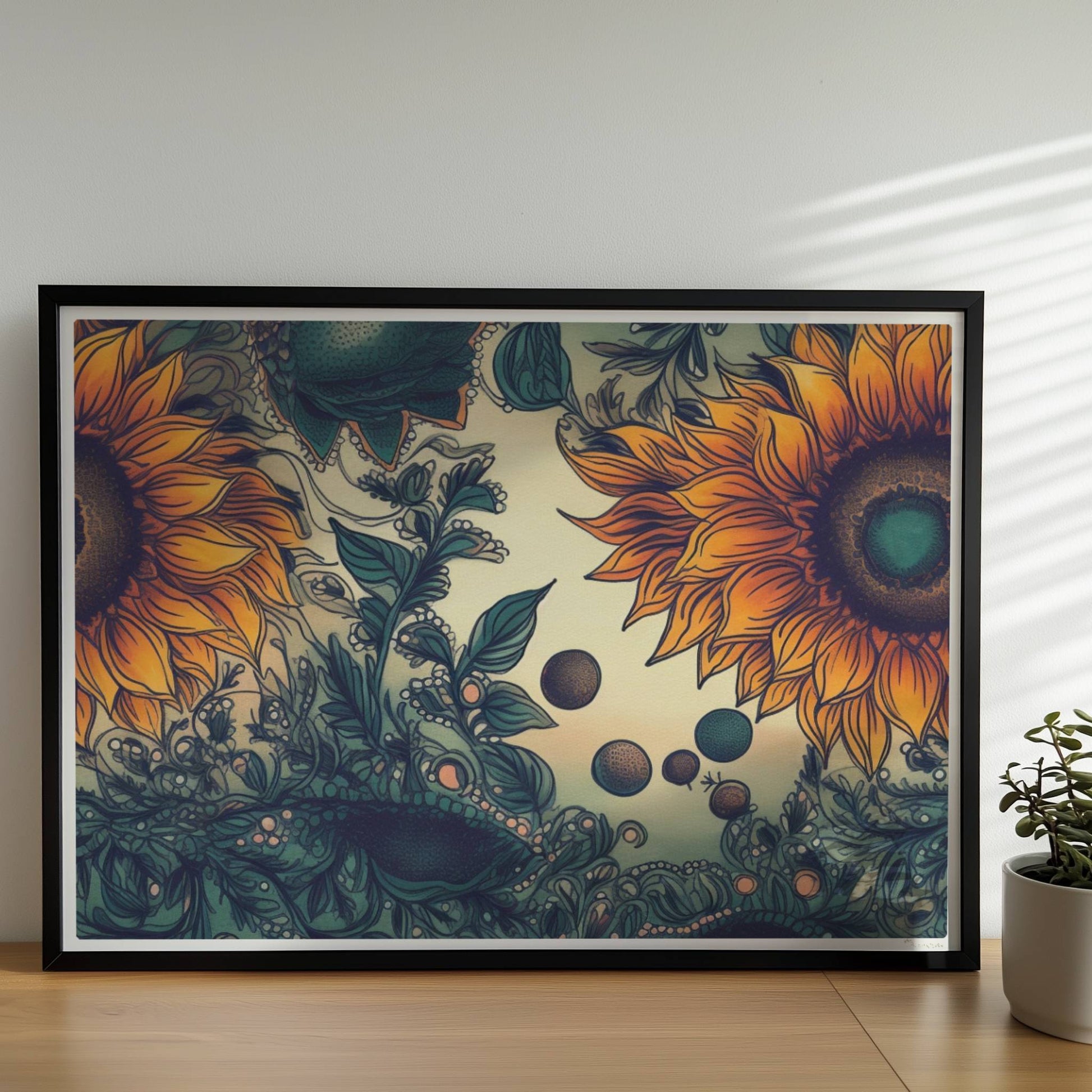 Detailreiche Illustration von zwei leuchtend gelben Sonnenblumen mit grünen Blättern und filigranen Ornamenten auf einem sanft verlaufenden Hintergrund – kunstvolle botanische Wandkunst im quadratischen Format.. Rahmen schwarz 70x50