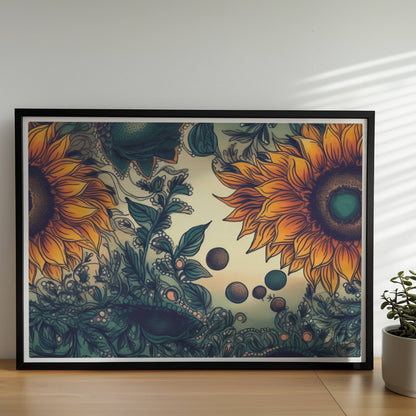 Detailreiche Illustration von zwei leuchtend gelben Sonnenblumen mit grünen Blättern und filigranen Ornamenten auf einem sanft verlaufenden Hintergrund – kunstvolle botanische Wandkunst im quadratischen Format.. Rahmen schwarz 70x50