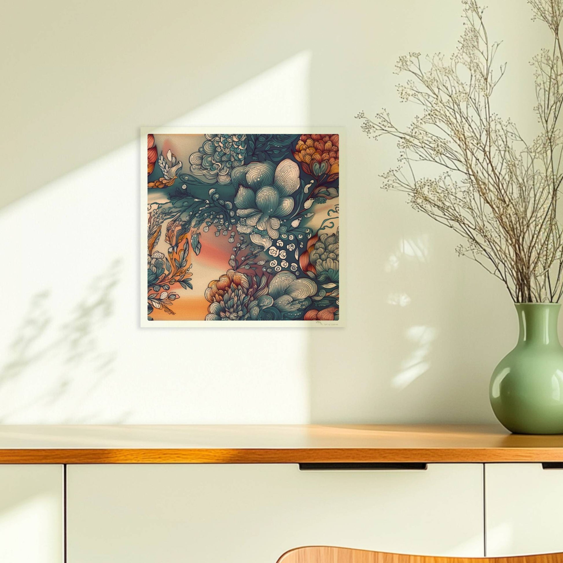 Fantasievolle abstrakte Blumenillustration mit detailreichen Blüten in Blau-, Orange- und Creme-Tönen auf einem warmen Farbverlaufshintergrund – luxuriöse Flower Arts Wandkunst im quadratischen Format.. Ohne Rahmen 30x30