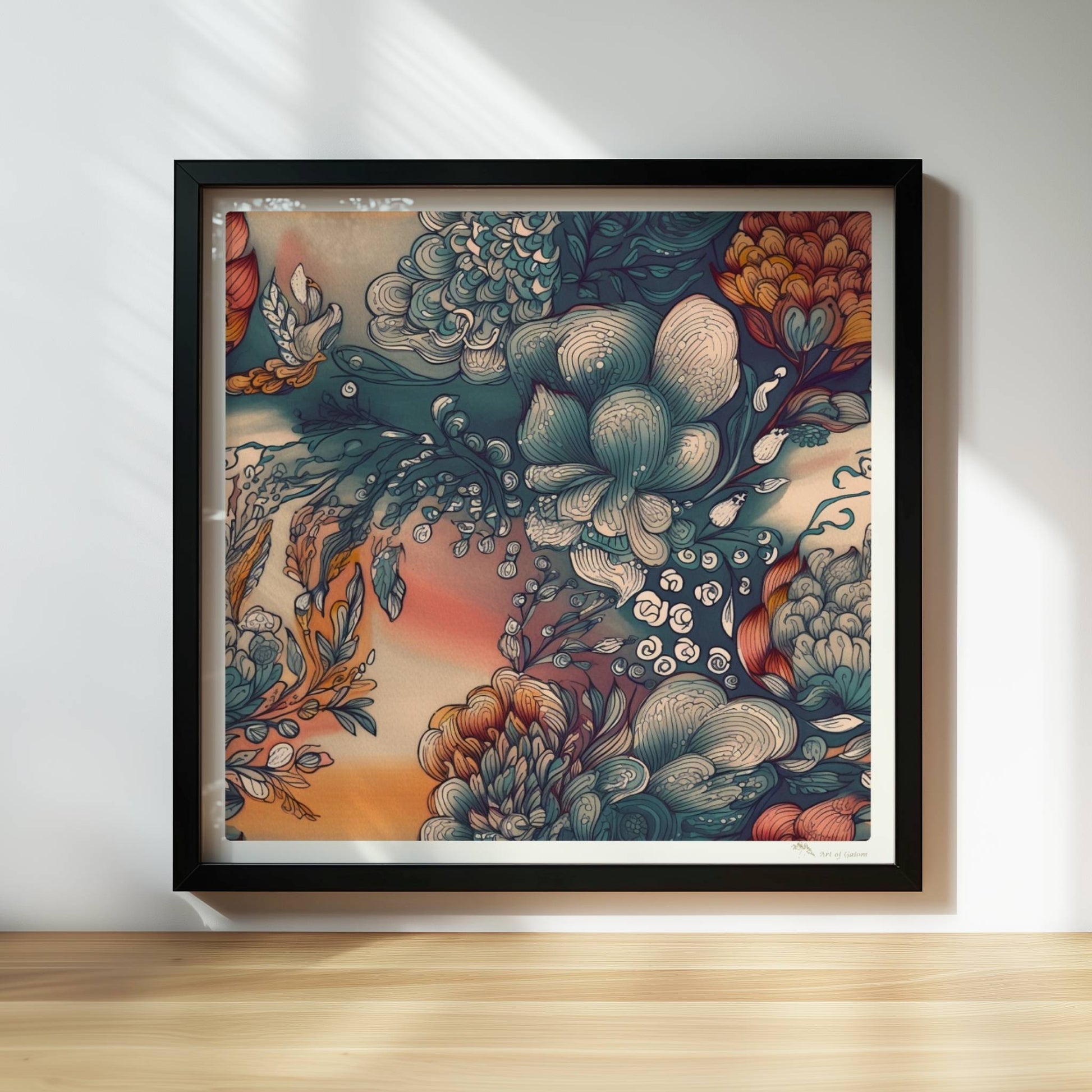 Fantasievolle abstrakte Blumenillustration mit detailreichen Blüten in Blau-, Orange- und Creme-Tönen auf einem warmen Farbverlaufshintergrund – luxuriöse Flower Arts Wandkunst im quadratischen Format.. Rahmen schwarz 30x30