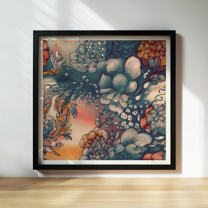 Fantasievolle abstrakte Blumenillustration mit detailreichen Blüten in Blau-, Orange- und Creme-Tönen auf einem warmen Farbverlaufshintergrund – luxuriöse Flower Arts Wandkunst im quadratischen Format.. Rahmen schwarz 30x30