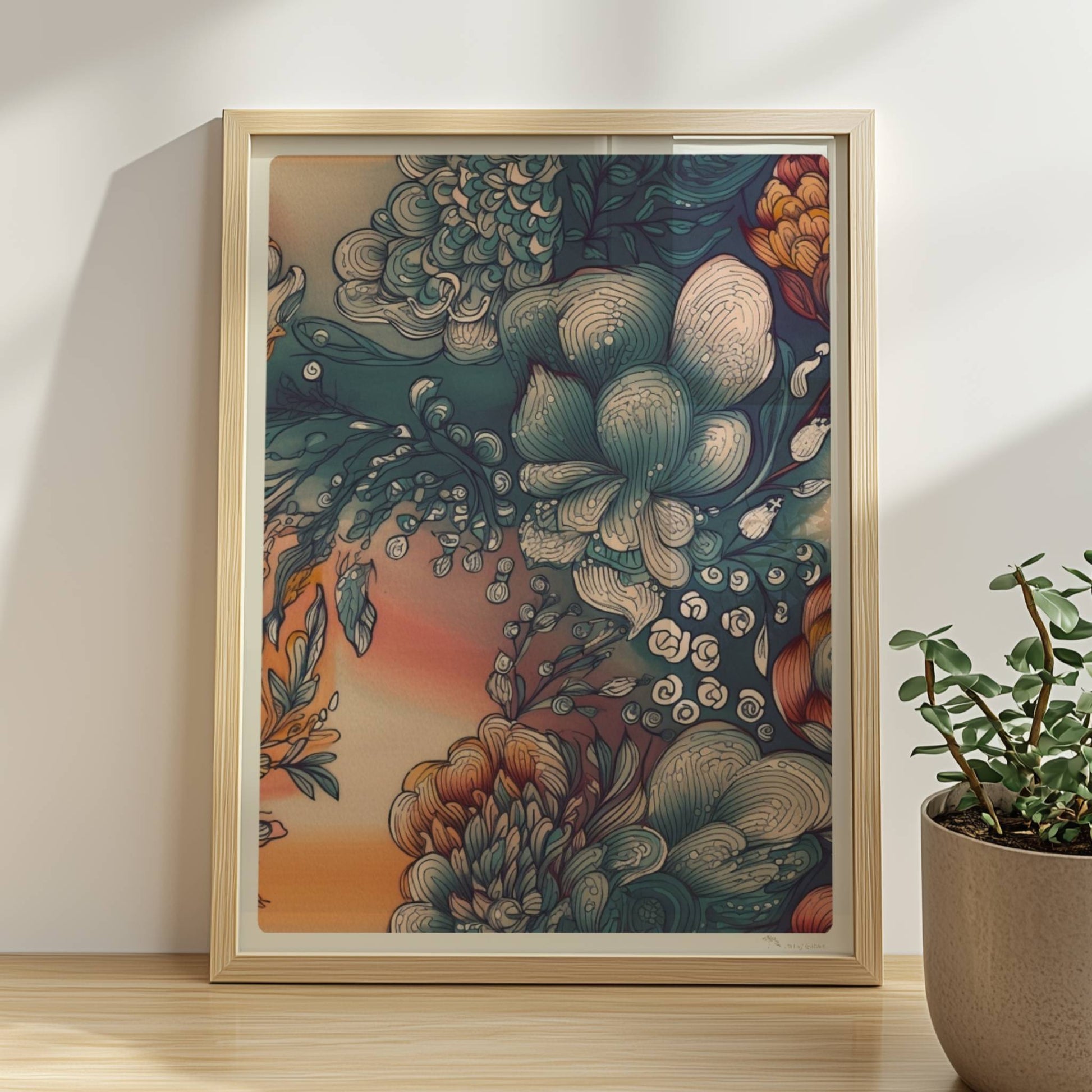 Fantasievolle abstrakte Blumenillustration mit detailreichen Blüten in Blau-, Orange- und Creme-Tönen auf einem warmen Farbverlaufshintergrund – luxuriöse Flower Arts Wandkunst im quadratischen Format.. Rahmen natur 30x40