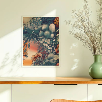 Fantasievolle abstrakte Blumenillustration mit detailreichen Blüten in Blau-, Orange- und Creme-Tönen auf einem warmen Farbverlaufshintergrund – luxuriöse Flower Arts Wandkunst im quadratischen Format.. Ohne Rahmen 30x40