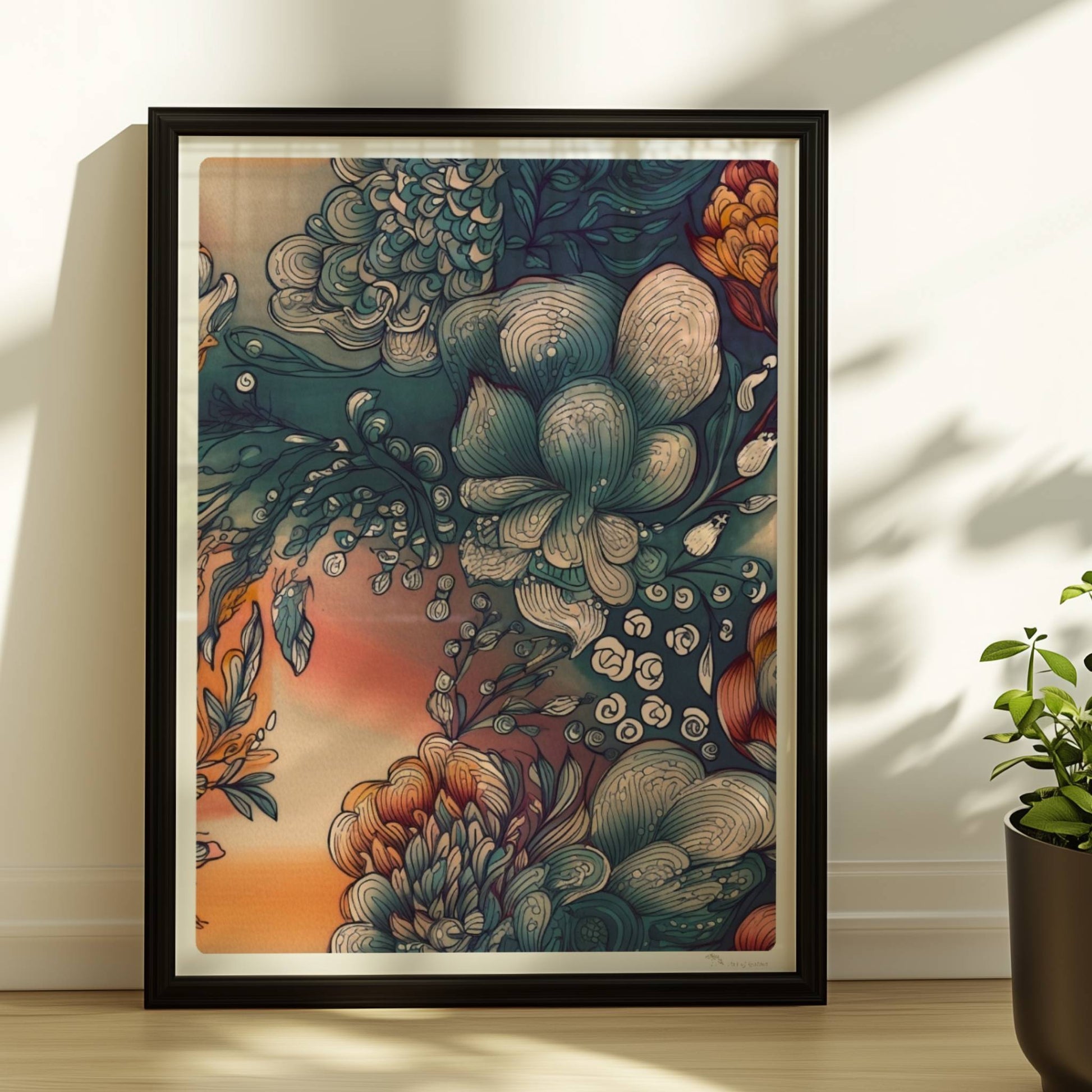 Fantasievolle abstrakte Blumenillustration mit detailreichen Blüten in Blau-, Orange- und Creme-Tönen auf einem warmen Farbverlaufshintergrund – luxuriöse Flower Arts Wandkunst im quadratischen Format.. Rahmen schwarz 30x40
