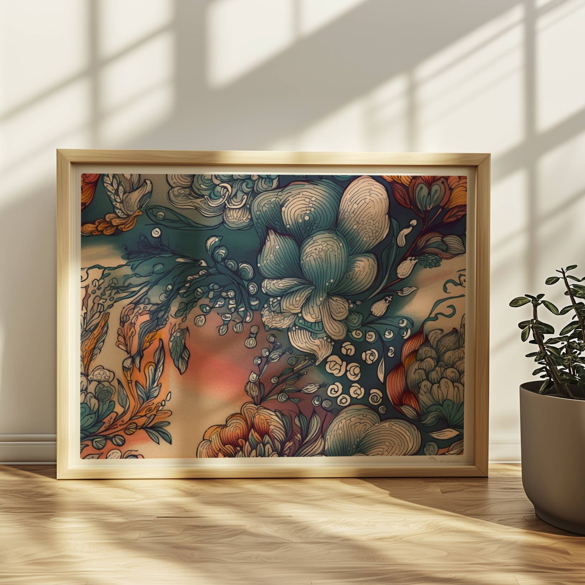 Fantasievolle abstrakte Blumenillustration mit detailreichen Blüten in Blau-, Orange- und Creme-Tönen auf einem warmen Farbverlaufshintergrund – luxuriöse Flower Arts Wandkunst im quadratischen Format.. Rahmen natur 40x30