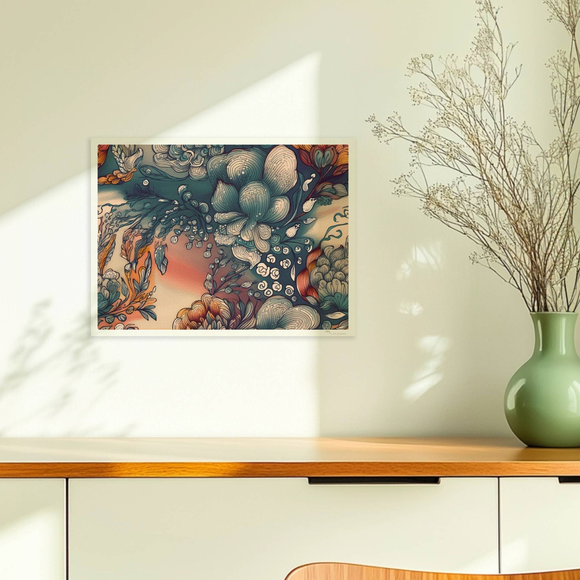 Fantasievolle abstrakte Blumenillustration mit detailreichen Blüten in Blau-, Orange- und Creme-Tönen auf einem warmen Farbverlaufshintergrund – luxuriöse Flower Arts Wandkunst im quadratischen Format.. Ohne Rahmen 40x30