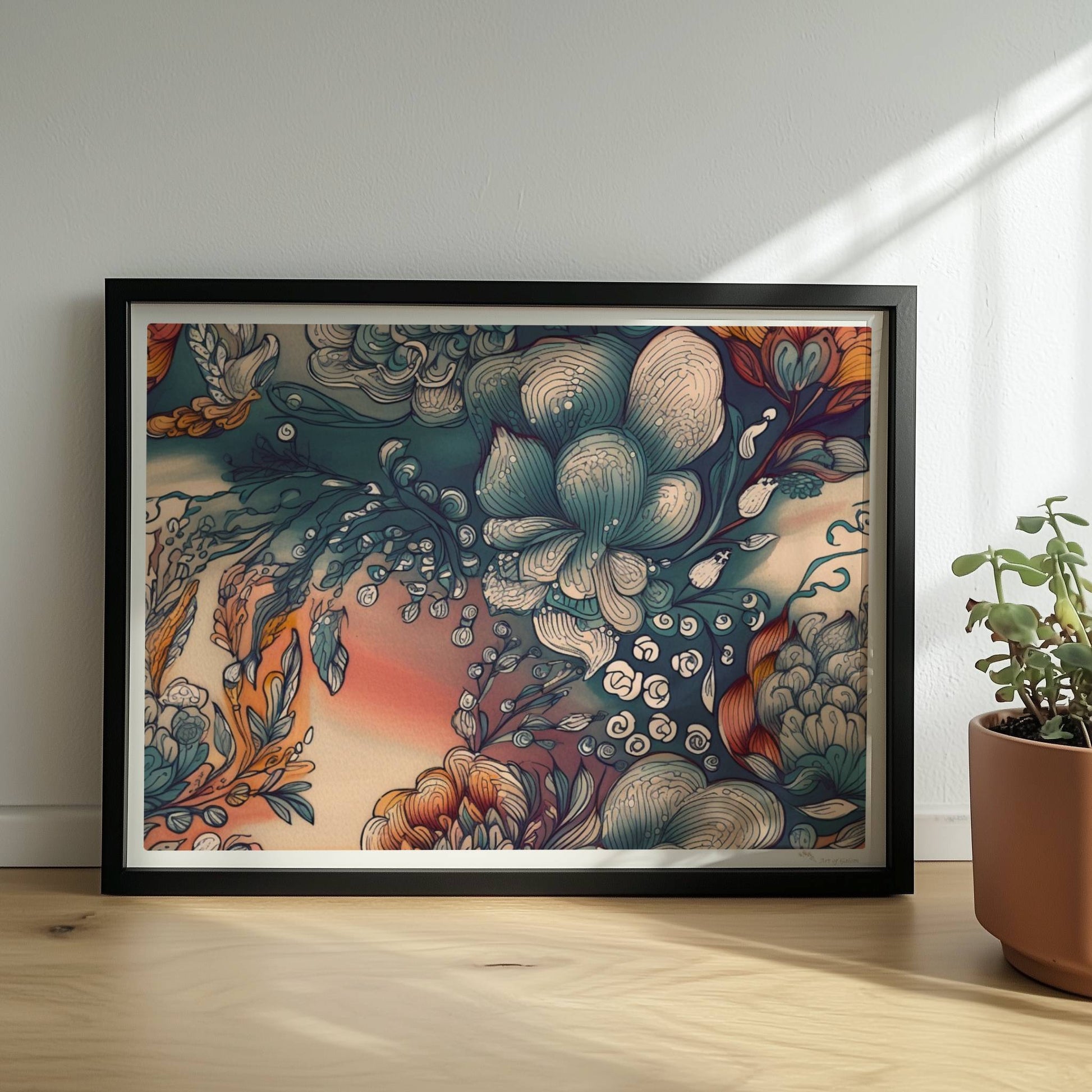 Fantasievolle abstrakte Blumenillustration mit detailreichen Blüten in Blau-, Orange- und Creme-Tönen auf einem warmen Farbverlaufshintergrund – luxuriöse Flower Arts Wandkunst im quadratischen Format.. Rahmen schwarz 40x30
