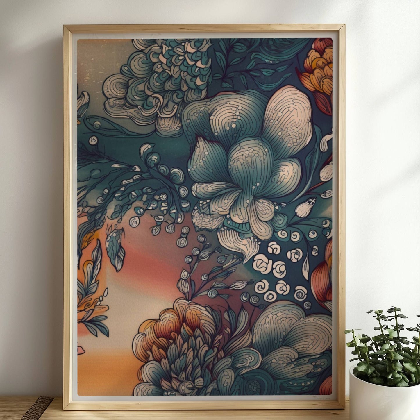 Fantasievolle abstrakte Blumenillustration mit detailreichen Blüten in Blau-, Orange- und Creme-Tönen auf einem warmen Farbverlaufshintergrund – luxuriöse Flower Arts Wandkunst im quadratischen Format.. Rahmen natur 50x70