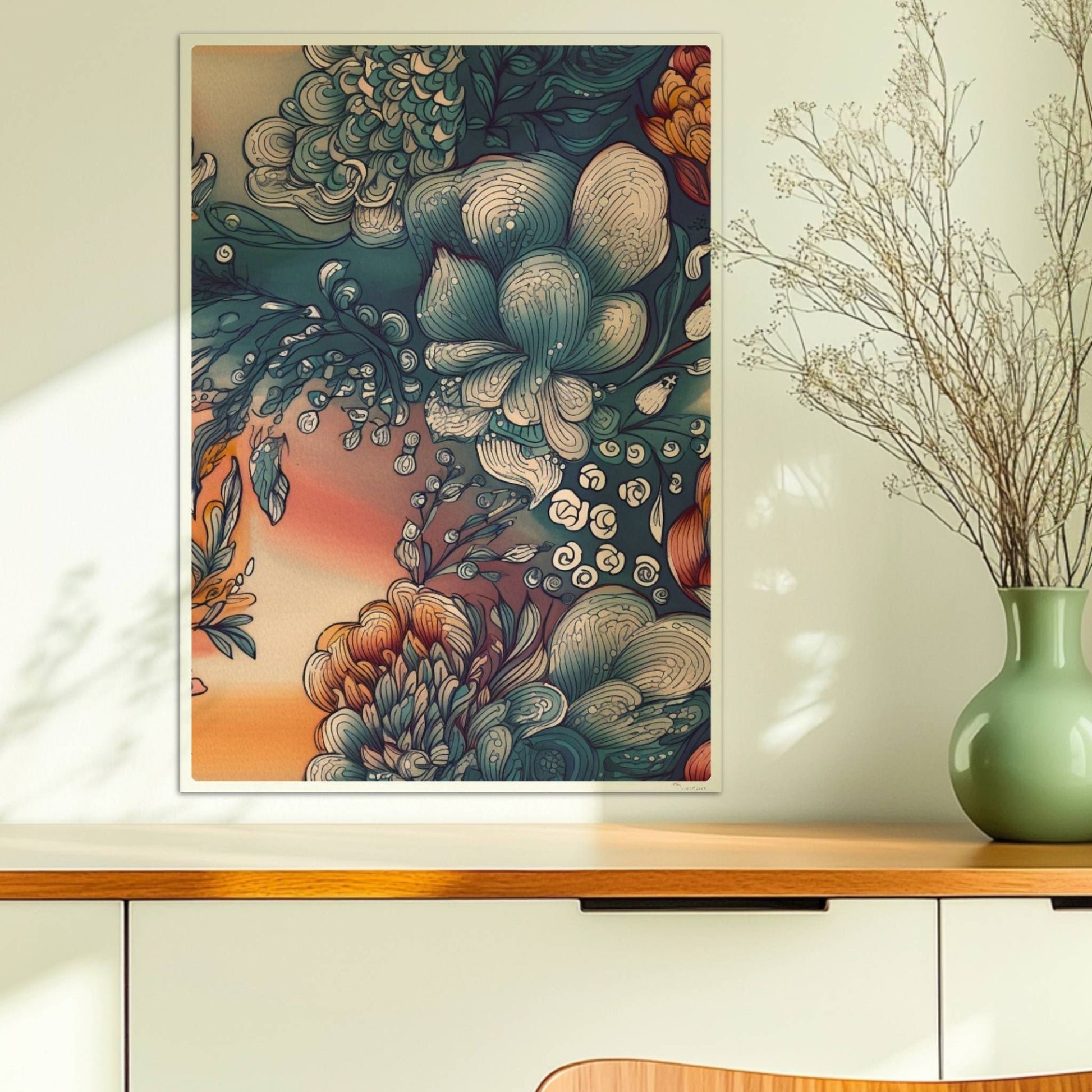 Fantasievolle abstrakte Blumenillustration mit detailreichen Blüten in Blau-, Orange- und Creme-Tönen auf einem warmen Farbverlaufshintergrund – luxuriöse Flower Arts Wandkunst im quadratischen Format.. Ohne Rahmen 50x70