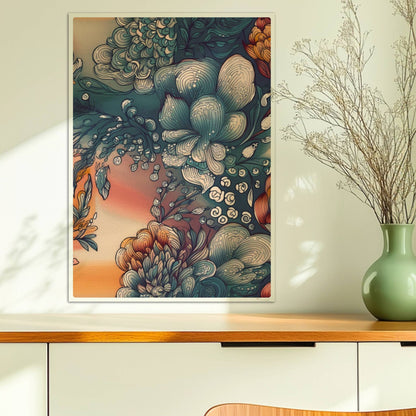 Fantasievolle abstrakte Blumenillustration mit detailreichen Blüten in Blau-, Orange- und Creme-Tönen auf einem warmen Farbverlaufshintergrund – luxuriöse Flower Arts Wandkunst im quadratischen Format.. Ohne Rahmen 50x70