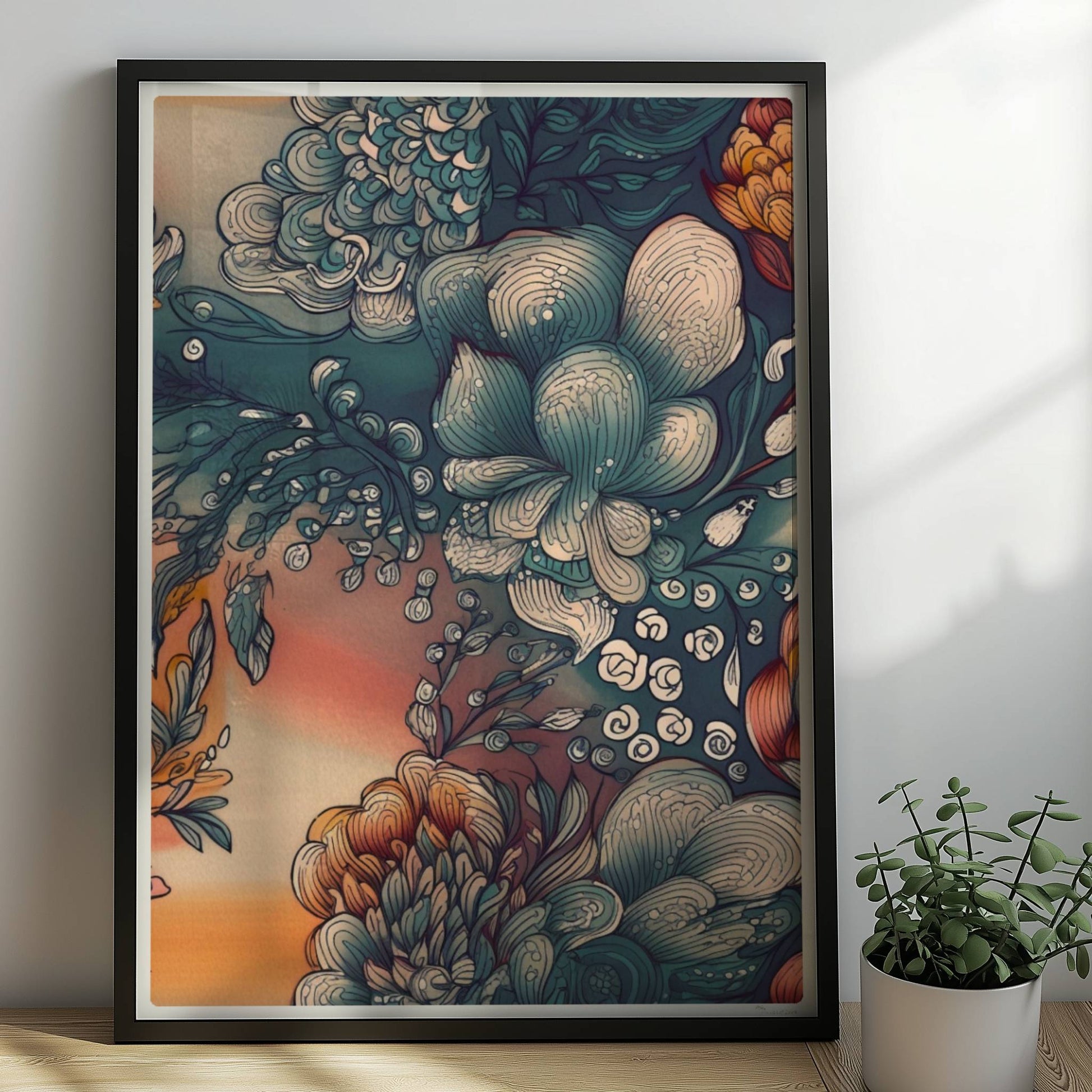 Fantasievolle abstrakte Blumenillustration mit detailreichen Blüten in Blau-, Orange- und Creme-Tönen auf einem warmen Farbverlaufshintergrund – luxuriöse Flower Arts Wandkunst im quadratischen Format.. Rahmen schwarz 50x70