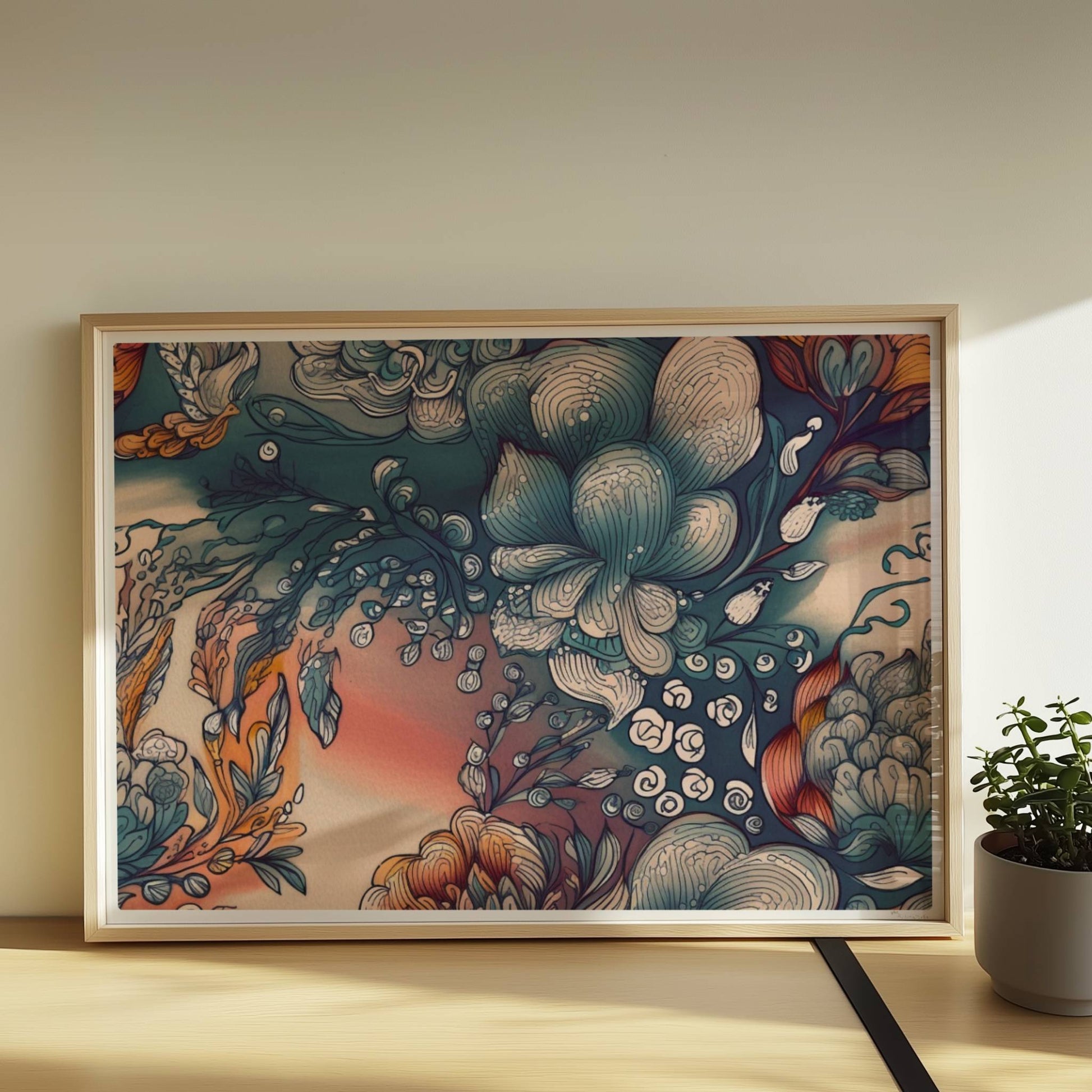 Fantasievolle abstrakte Blumenillustration mit detailreichen Blüten in Blau-, Orange- und Creme-Tönen auf einem warmen Farbverlaufshintergrund – luxuriöse Flower Arts Wandkunst im quadratischen Format.. Rahmen natur 70x50
