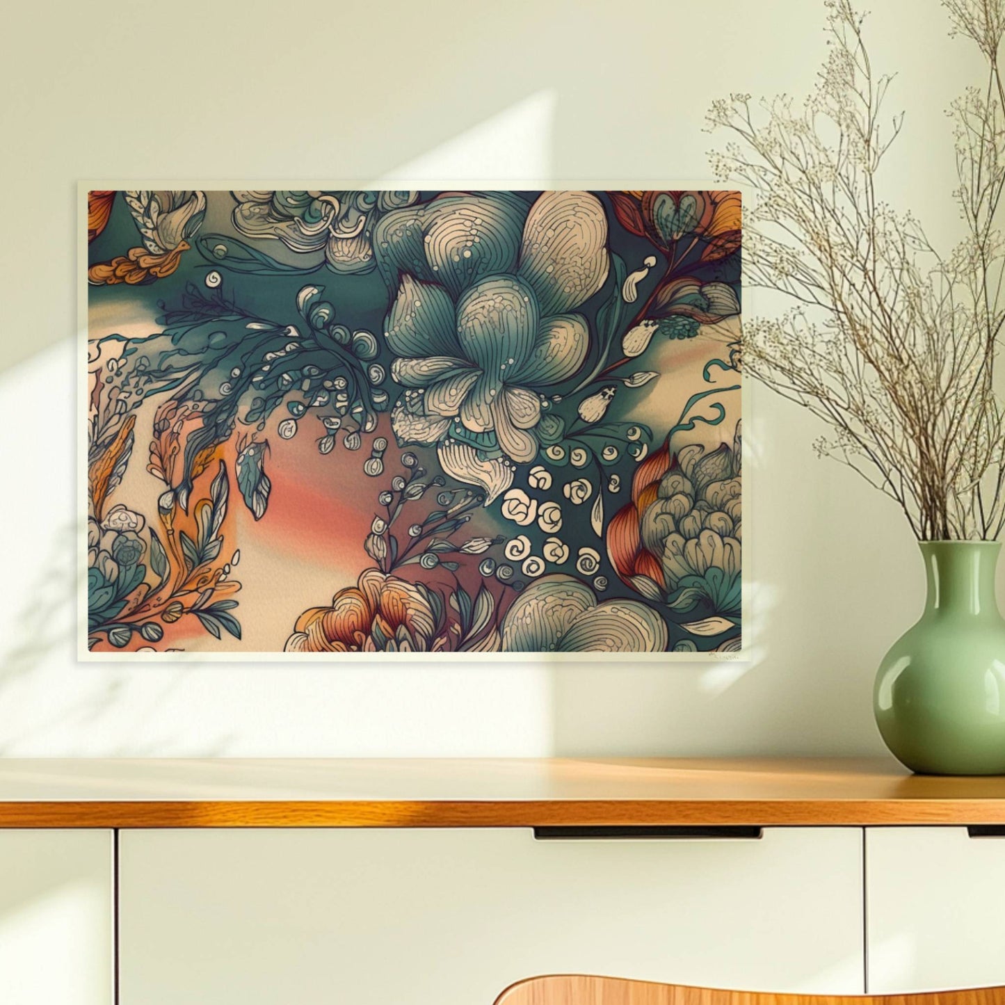 Fantasievolle abstrakte Blumenillustration mit detailreichen Blüten in Blau-, Orange- und Creme-Tönen auf einem warmen Farbverlaufshintergrund – luxuriöse Flower Arts Wandkunst im quadratischen Format.. Ohne Rahmen 70x50