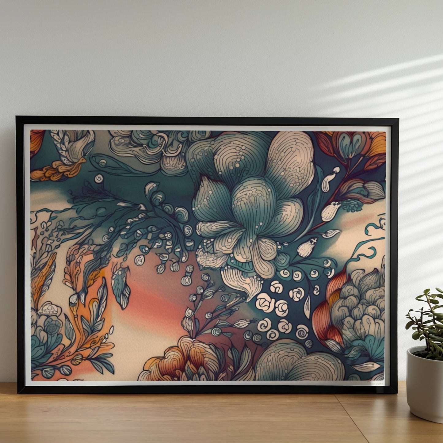 Fantasievolle abstrakte Blumenillustration mit detailreichen Blüten in Blau-, Orange- und Creme-Tönen auf einem warmen Farbverlaufshintergrund – luxuriöse Flower Arts Wandkunst im quadratischen Format.. Rahmen schwarz 70x50