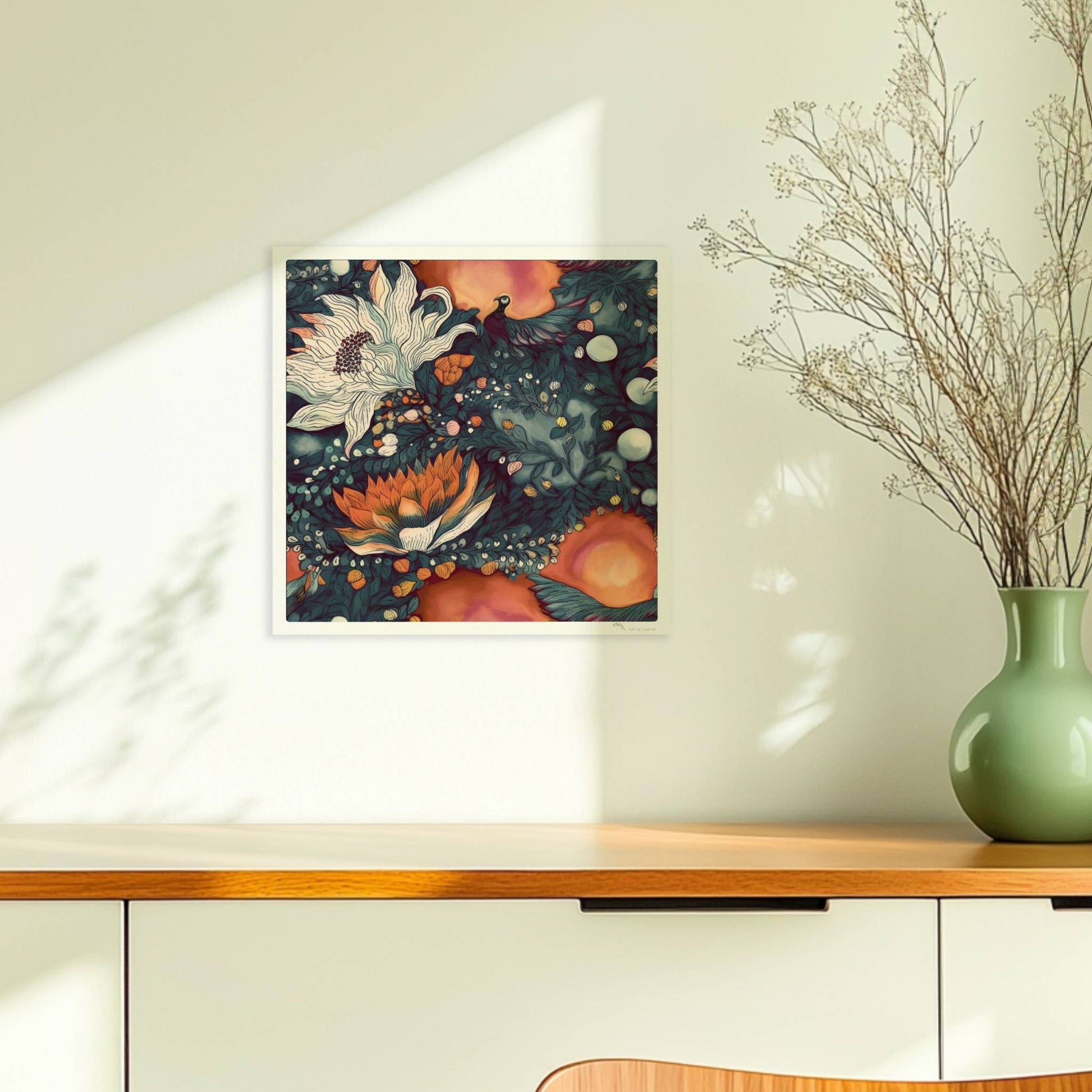 Kunstvolle abstrakte Blumenkomposition mit großen weißen und orangefarbenen Blüten, feinen Blättern und Vögeln auf einem warmen Hintergrund – hochwertige Flower Arts Illustration im quadratischen Format.. Ohne Rahmen 30x30