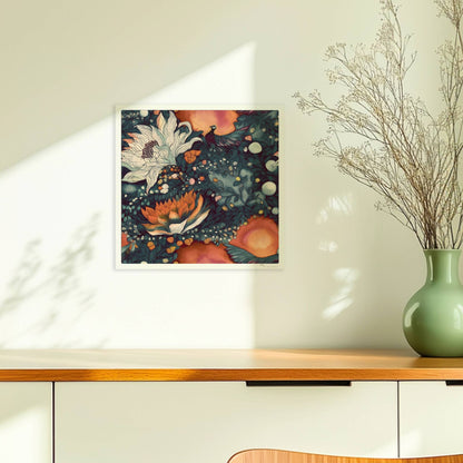Kunstvolle abstrakte Blumenkomposition mit großen weißen und orangefarbenen Blüten, feinen Blättern und Vögeln auf einem warmen Hintergrund – hochwertige Flower Arts Illustration im quadratischen Format.. Ohne Rahmen 30x30