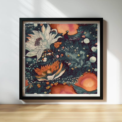 Kunstvolle abstrakte Blumenkomposition mit großen weißen und orangefarbenen Blüten, feinen Blättern und Vögeln auf einem warmen Hintergrund – hochwertige Flower Arts Illustration im quadratischen Format.. Rahmen schwarz 30x30