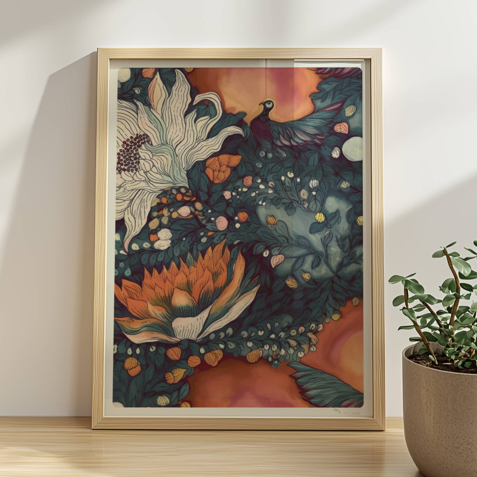 Kunstvolle abstrakte Blumenkomposition mit großen weißen und orangefarbenen Blüten, feinen Blättern und Vögeln auf einem warmen Hintergrund – hochwertige Flower Arts Illustration im quadratischen Format.. Rahmen natur 30x40