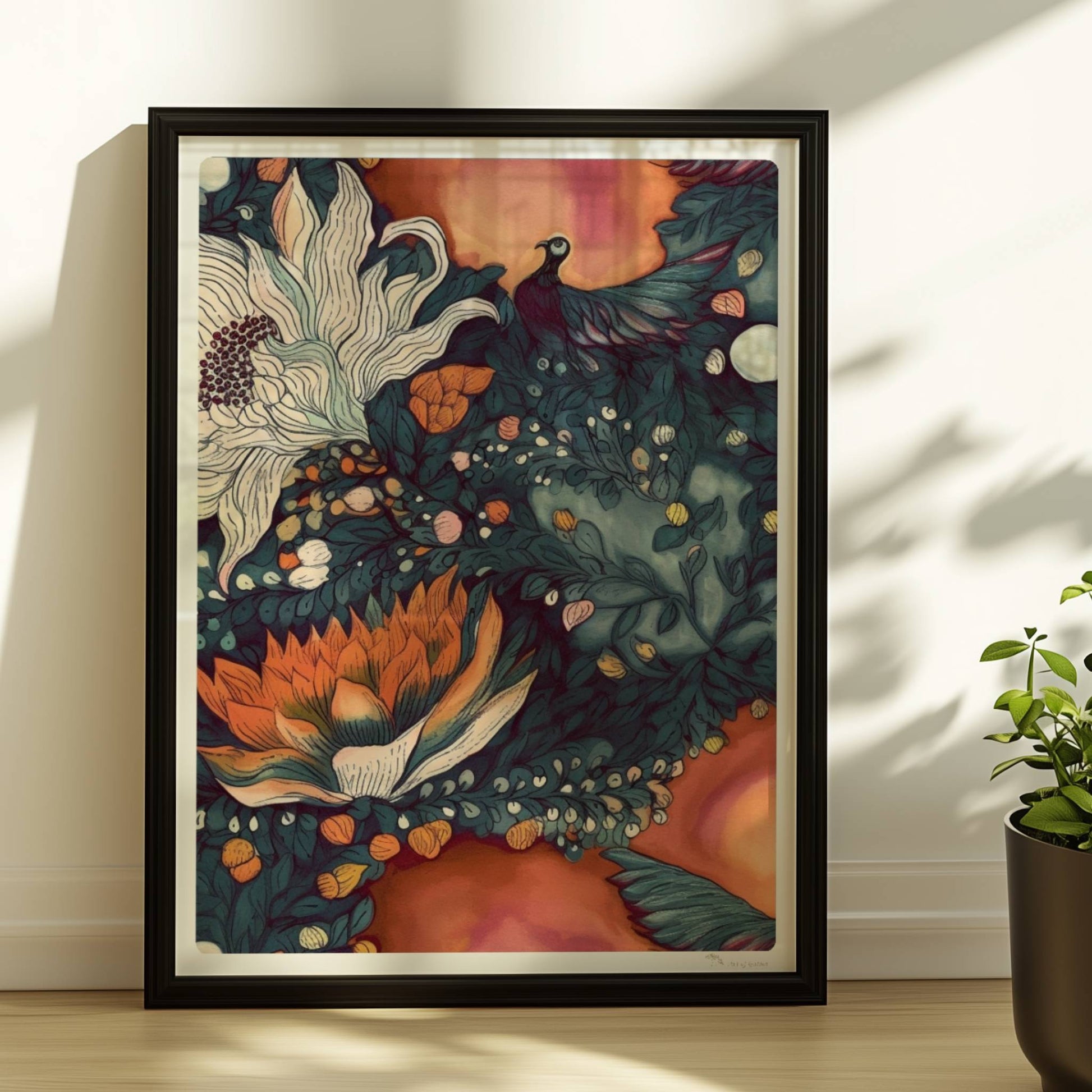 Kunstvolle abstrakte Blumenkomposition mit großen weißen und orangefarbenen Blüten, feinen Blättern und Vögeln auf einem warmen Hintergrund – hochwertige Flower Arts Illustration im quadratischen Format.. Rahmen schwarz 30x40