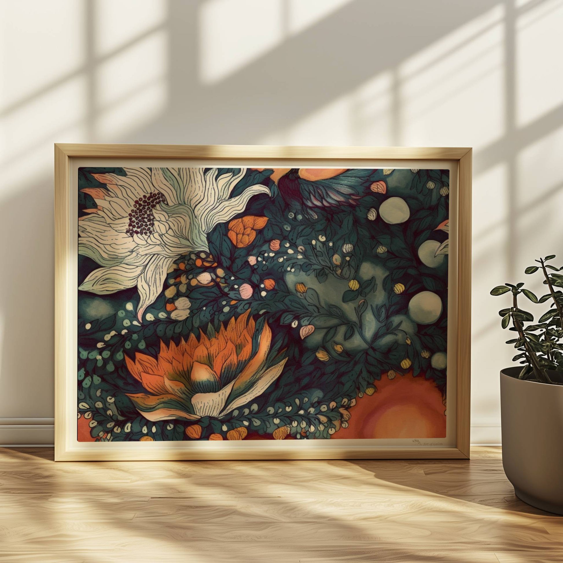 Kunstvolle abstrakte Blumenkomposition mit großen weißen und orangefarbenen Blüten, feinen Blättern und Vögeln auf einem warmen Hintergrund – hochwertige Flower Arts Illustration im quadratischen Format.. Rahmen natur 40x30