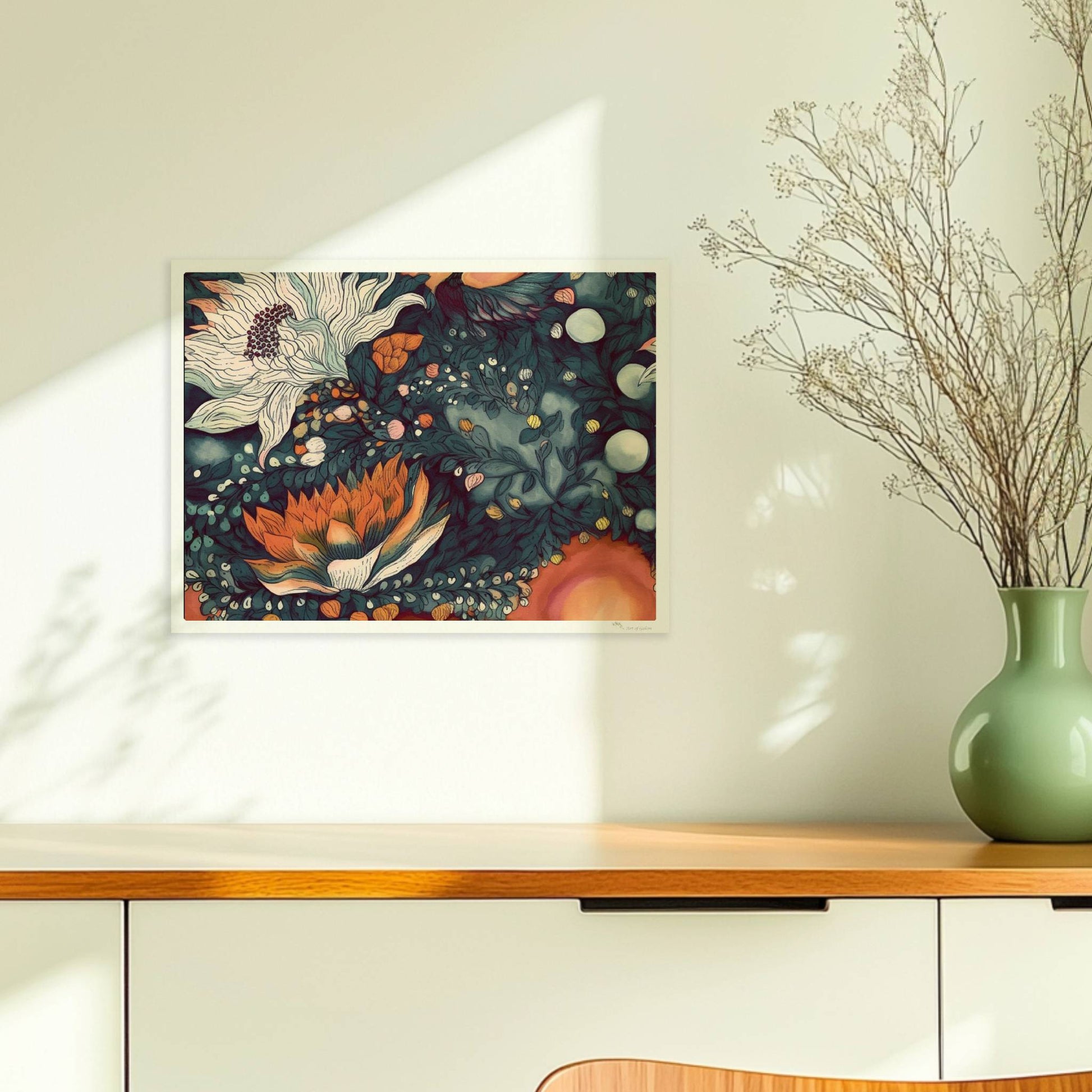 Kunstvolle abstrakte Blumenkomposition mit großen weißen und orangefarbenen Blüten, feinen Blättern und Vögeln auf einem warmen Hintergrund – hochwertige Flower Arts Illustration im quadratischen Format.. Ohne Rahmen 40x30