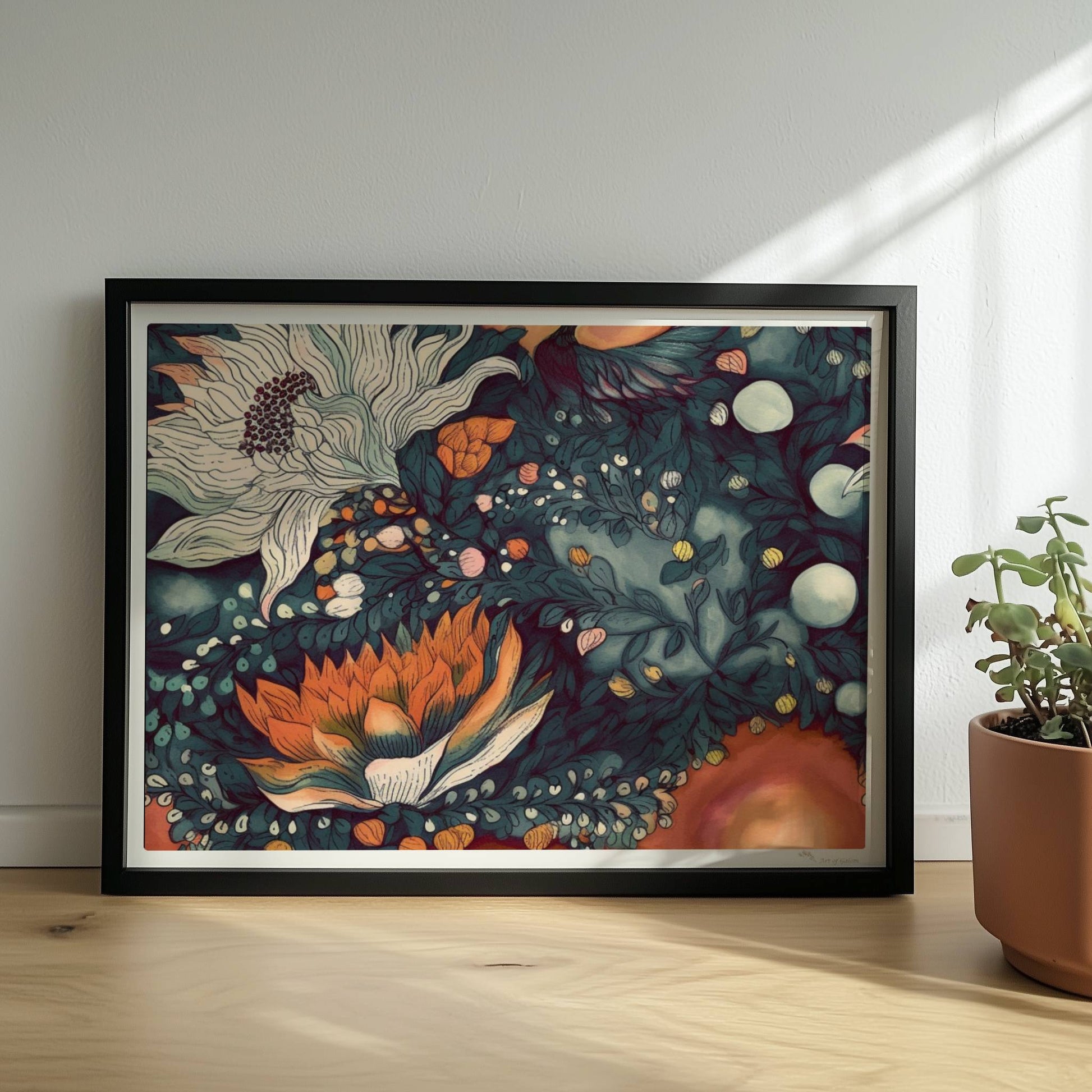 Kunstvolle abstrakte Blumenkomposition mit großen weißen und orangefarbenen Blüten, feinen Blättern und Vögeln auf einem warmen Hintergrund – hochwertige Flower Arts Illustration im quadratischen Format.. Rahmen schwarz 40x30